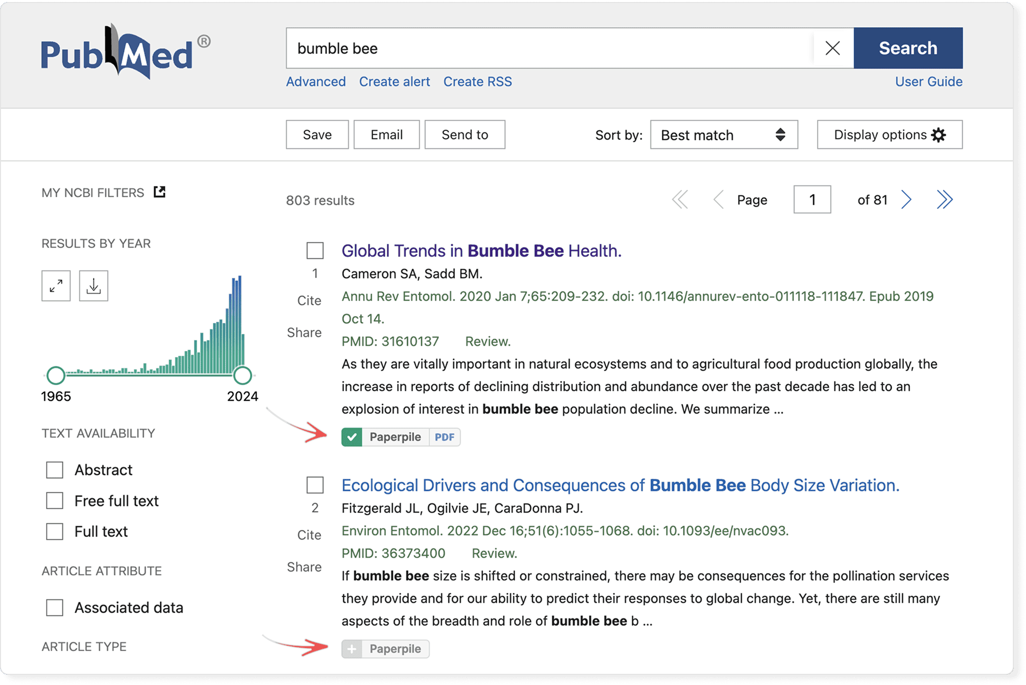 PubMed search results for “bumble bee” with red arrows pointing to Paperpile buttons below two results — one showing a green tick with a PDF badge, the other an unsaved plus button.